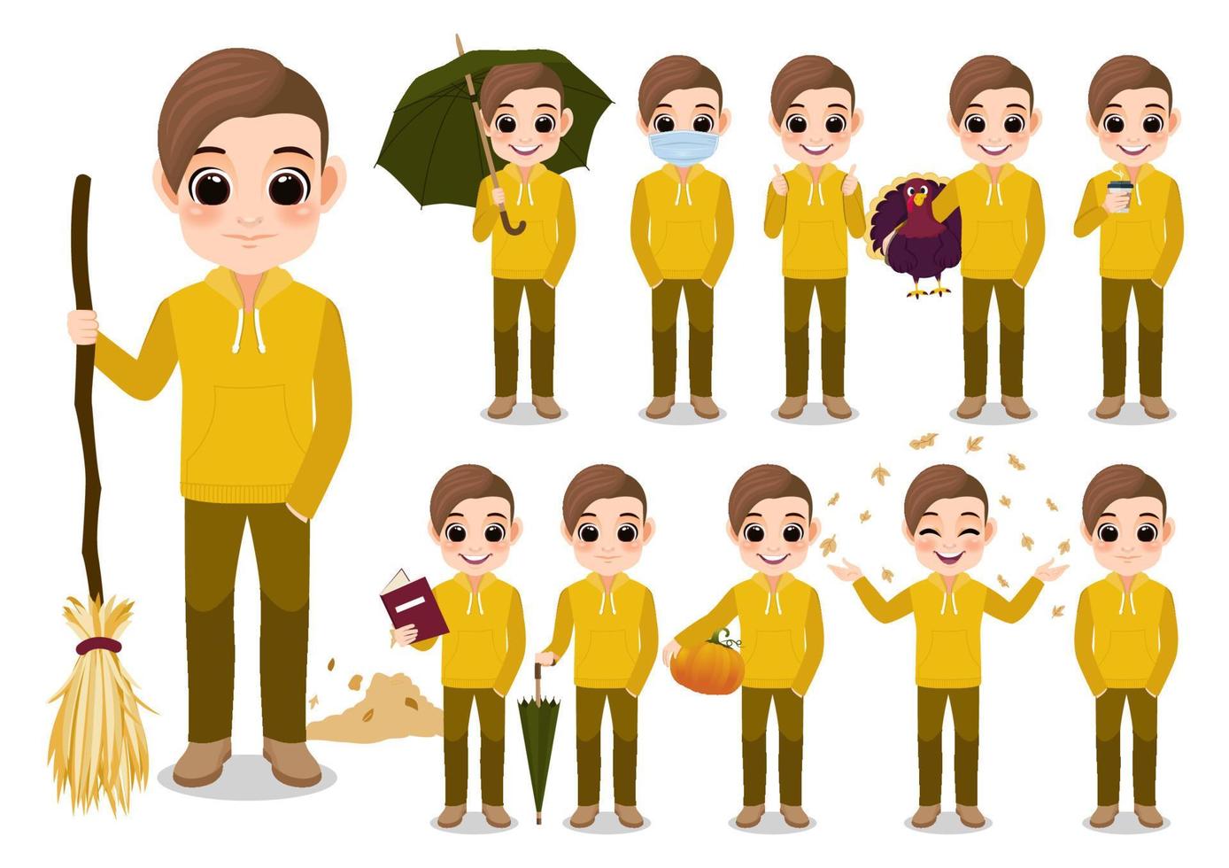 coleção de atividades ao ar livre de outono menino personagem de desenho animado com jaqueta com capuz amarelo, desenho isolado em ilustração vetorial de fundo branco vetor