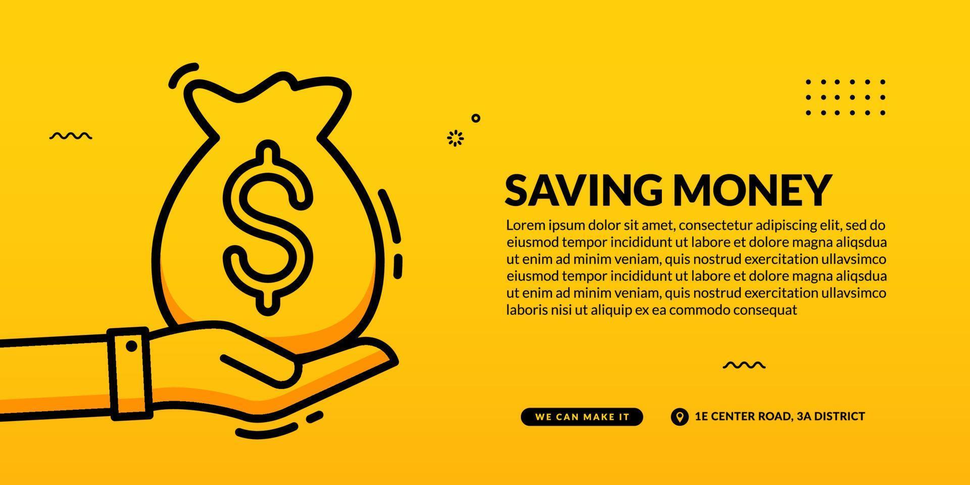 mão segure o saco de dinheiro em fundo amarelo, economizando o conceito de dinheiro vetor
