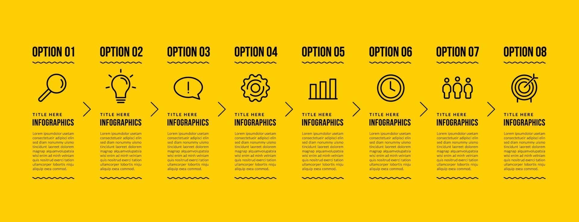 design de modelo de infográfico de negócios com 8 opções, conceito de etapas de visualização de dados de negócios, estilo de ícones de linha fina em fundo amarelo vetor