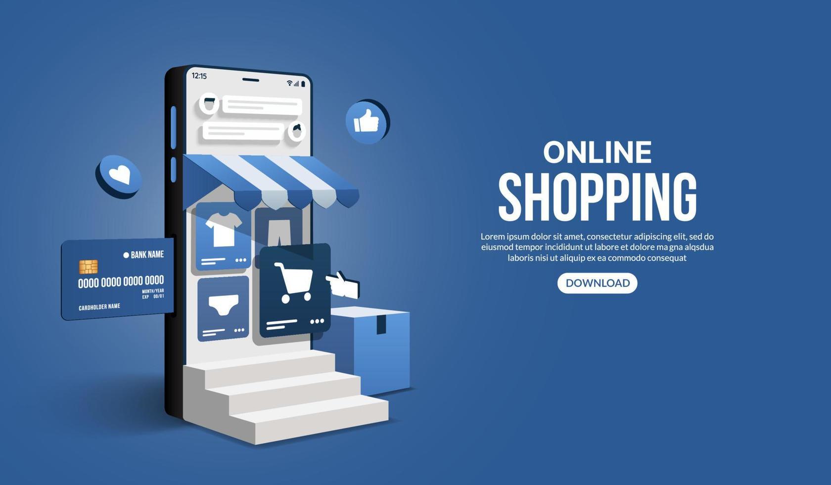 compras online no site e aplicativo móvel por telefone inteligente, loja de marketing digital e conceito de loja vetor