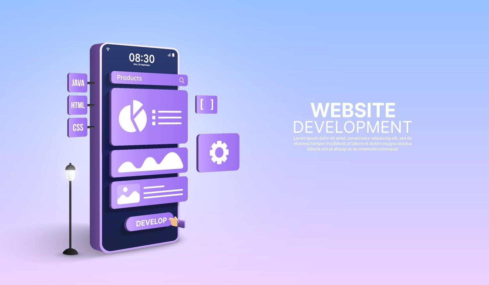 aplicativo móvel e conceito de desenvolvimento web, codificação e programação, layout responsivo design ux ui vetor