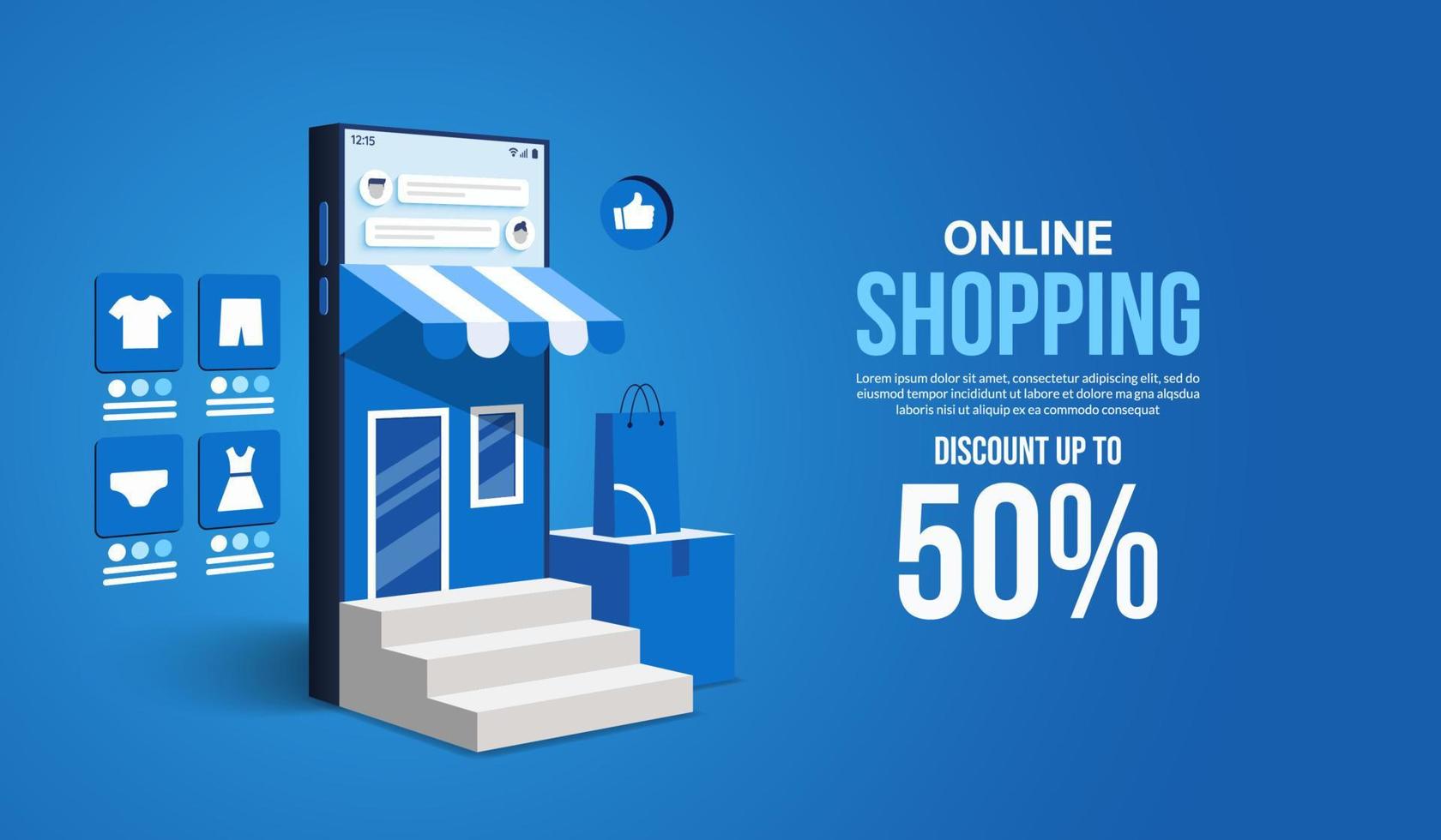 compras online no site e aplicativo móvel por telefone inteligente, loja de marketing digital e conceito de loja vetor