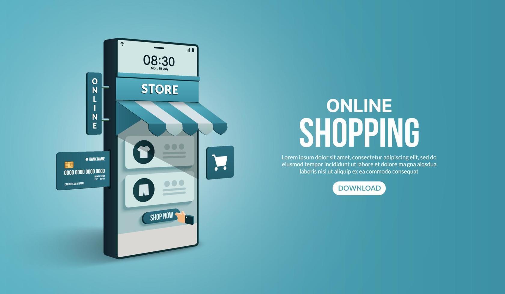 compras online no site e aplicativo móvel por telefone inteligente, loja de marketing digital e conceito de loja vetor