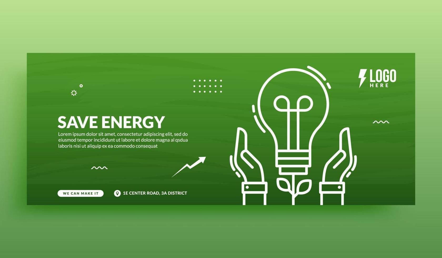 economizando energia e salvar o mundo modelo de banner de capa de mídia social, mão segure planta de lâmpada em fundo verde vetor