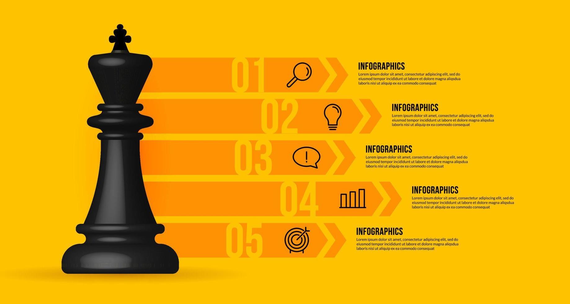 modelo de infográfico de fluxo de trabalho de negócios em fundo amarelo, xadrez realista de estratégia de negócios e conceito de planejamento vetor