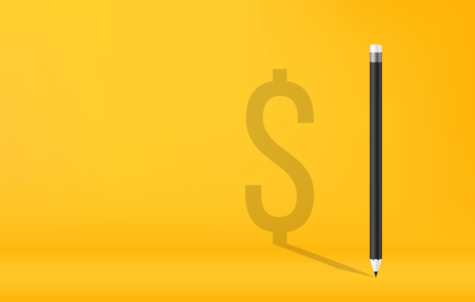 lápis com a sombra do símbolo da moeda dólar americano no fundo amarelo vetor