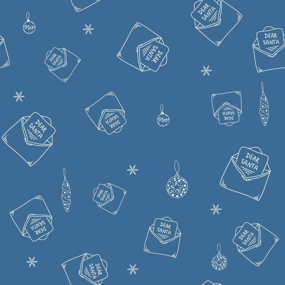 fundo de feliz Natal de férias. flocos de neve, bolas, carta de Natal para o Papai Noel. envelope do doodle. mão branca azul desenhada. projeto de férias. papel de parede, têxteis, embrulho, cartão, impressão em roupas. vetor