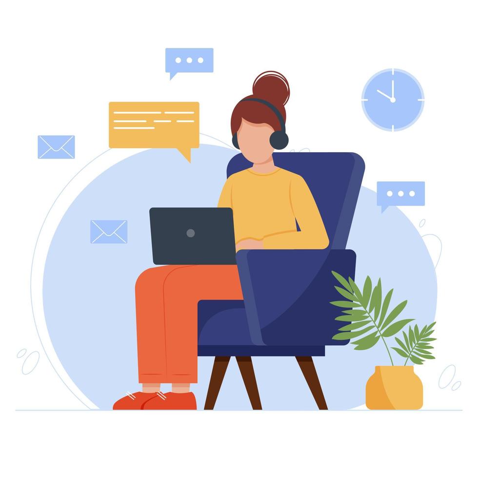 trabalhe ou estude em casa em um lugar confortável. mulher sentada em uma poltrona com o laptop no colo. ícones de correio e mensagem ao redor. ilustração vetorial em estilo simples. vetor