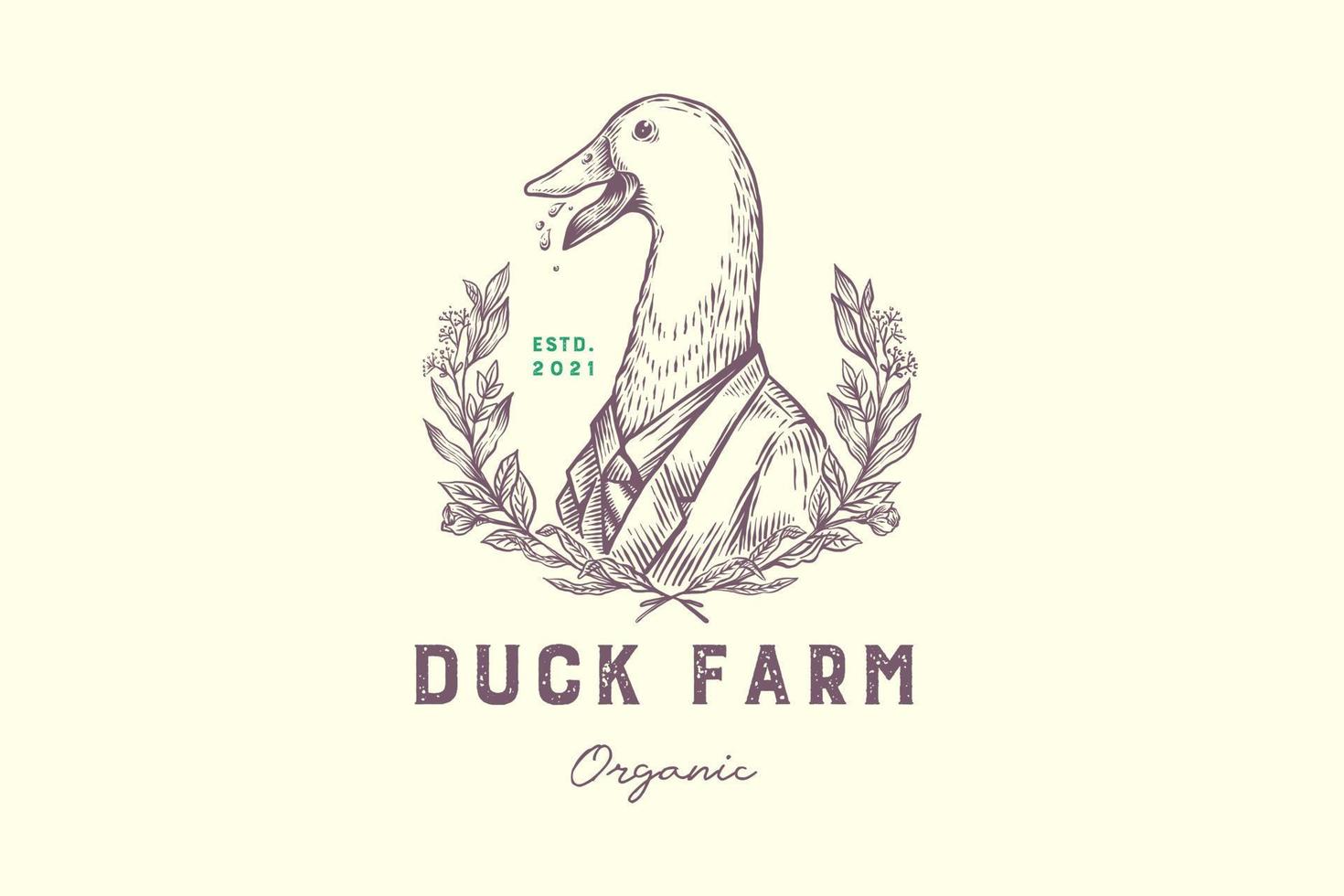 Pato engraçado desenhado à mão com logotipo vintage da suíte de agricultura orgânica vetor
