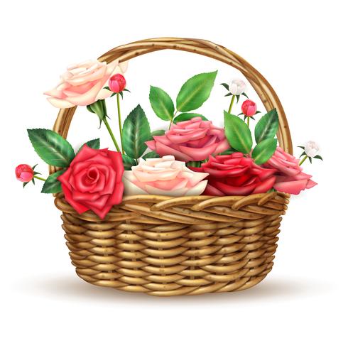 Imagem realista de flores de rosas cesta de vime vetor