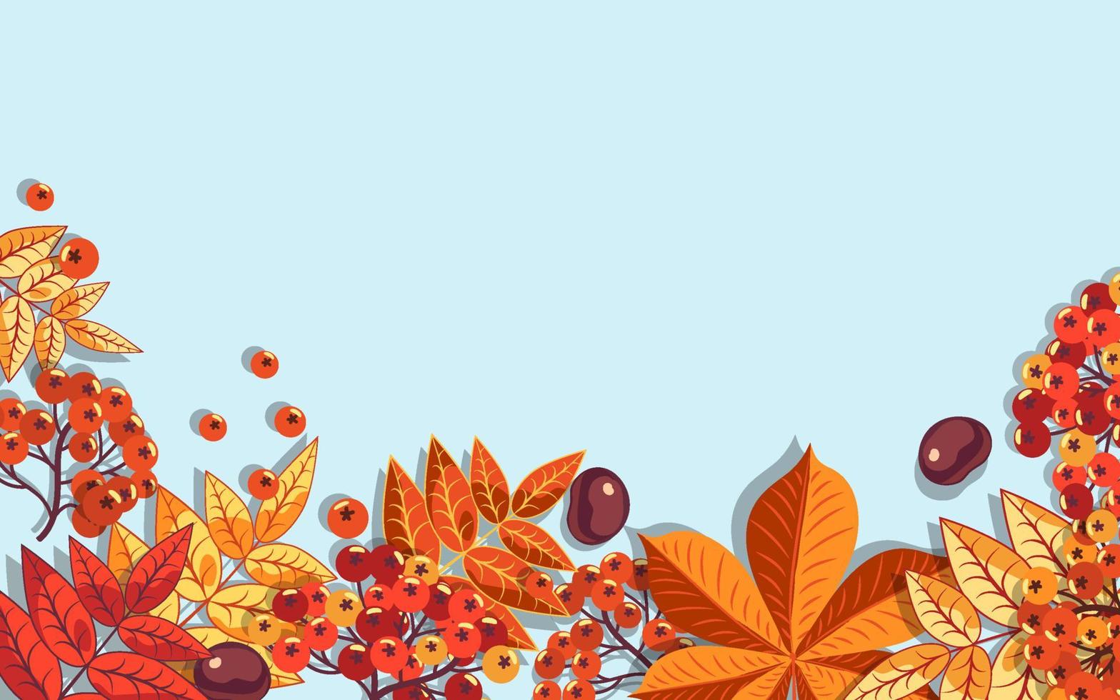 fundo de outono de bagas vermelhas de Rowan e folhas de castanheiro amarelo sobre um fundo azul. vetor