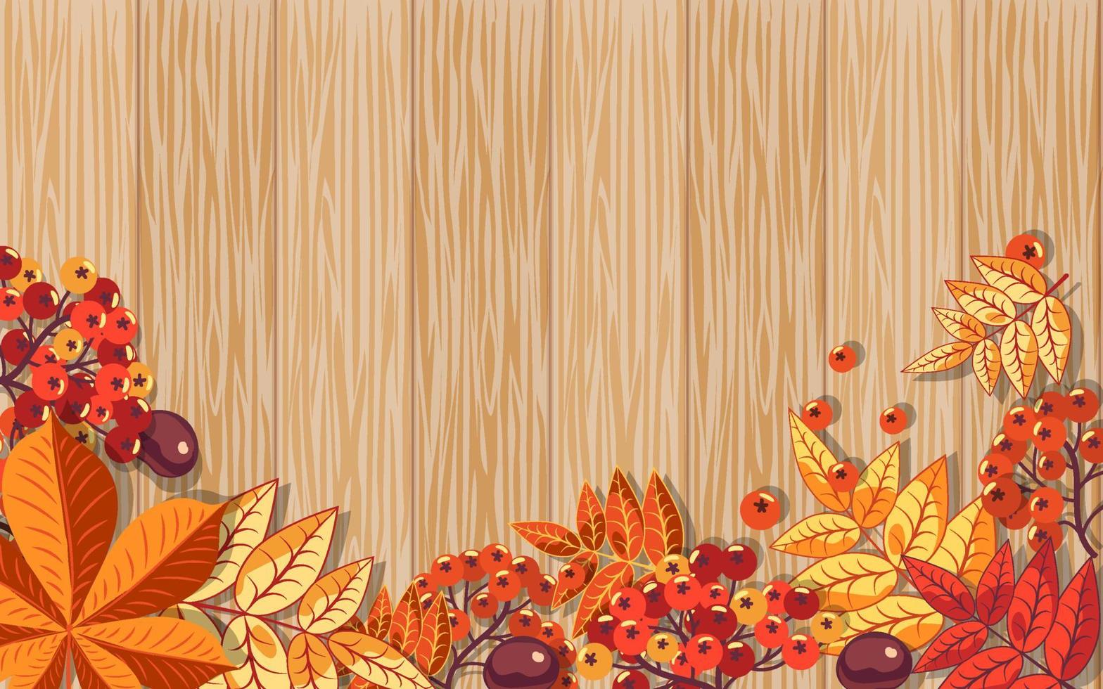 fundo de outono de bagas vermelhas de Rowan e folhas de castanheiro em um fundo de madeira. vetor