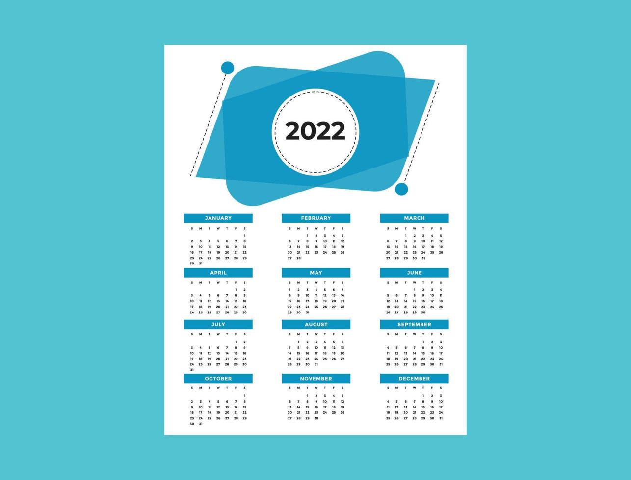 modelo de design de calendário de uma página 2022, pronto para impressão vetor