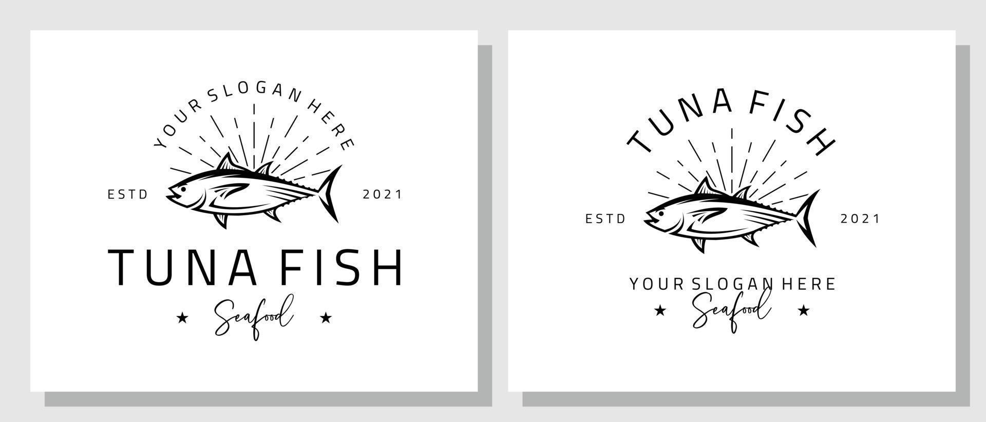 frutos do mar atum peixe salmão fresco design de logotipo vintage de luxo vetor