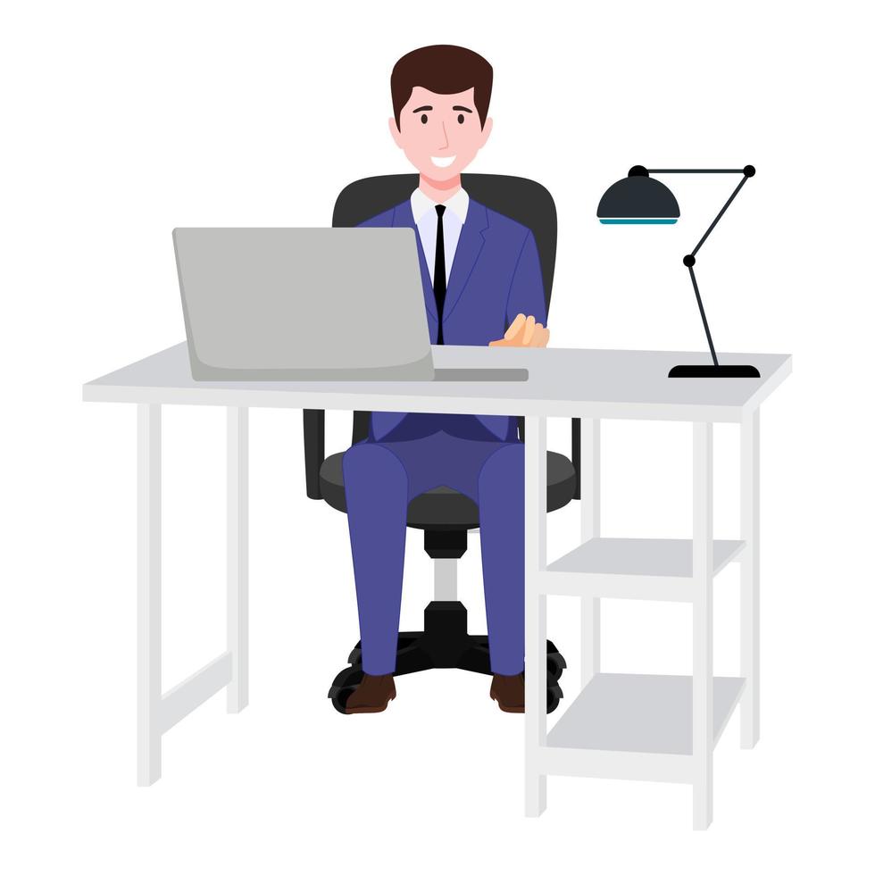 personagem de empresário fofo sentado em uma mesa de escritório em casa moderna com cadeira de mesa e com abajur de mesa do computador laptop vetor