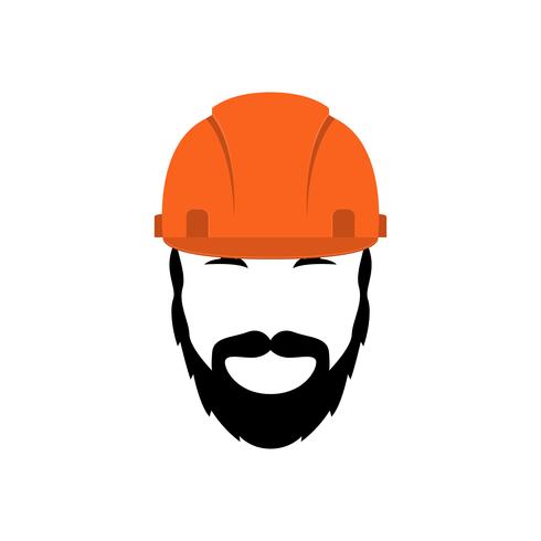 Retrato de um construtor em um capacete laranja com barba e bigode. vetor