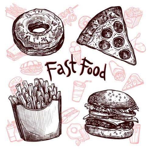 Conjunto de desenho de fast food e bebidas vetor