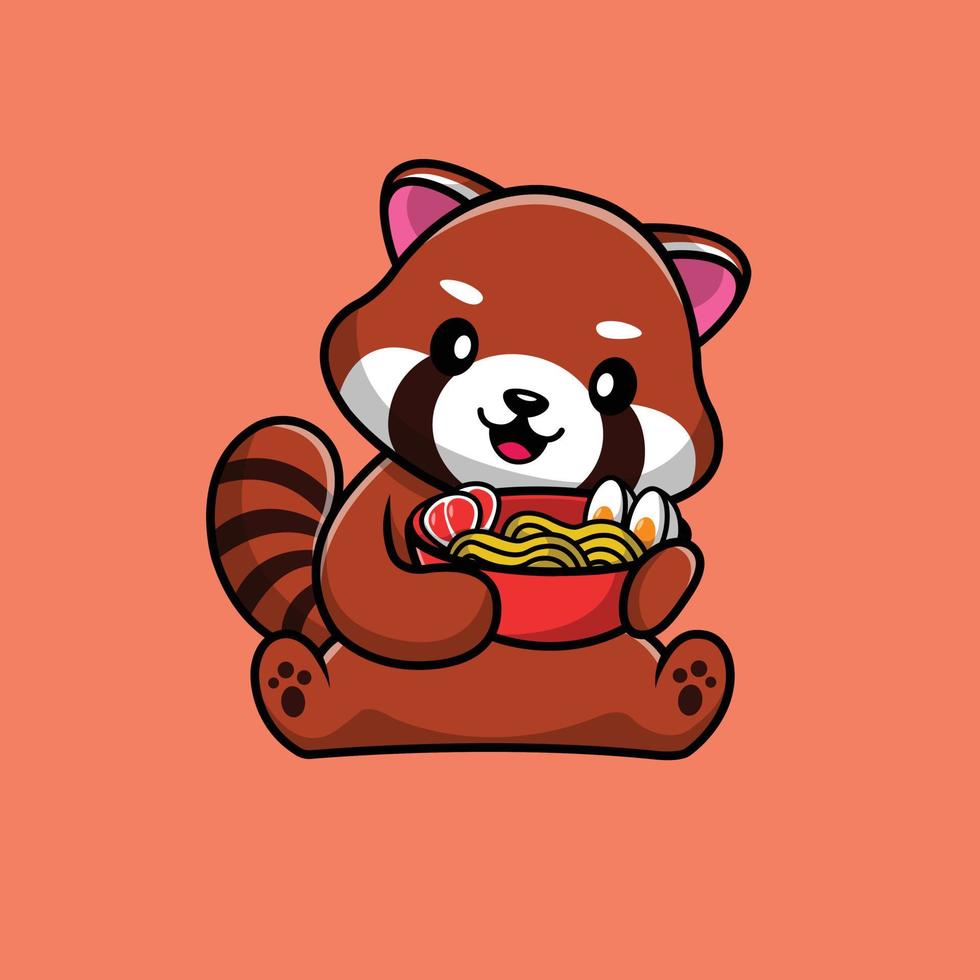 panda vermelho fofo segurando ramen cartoon ilustração vetorial vetor
