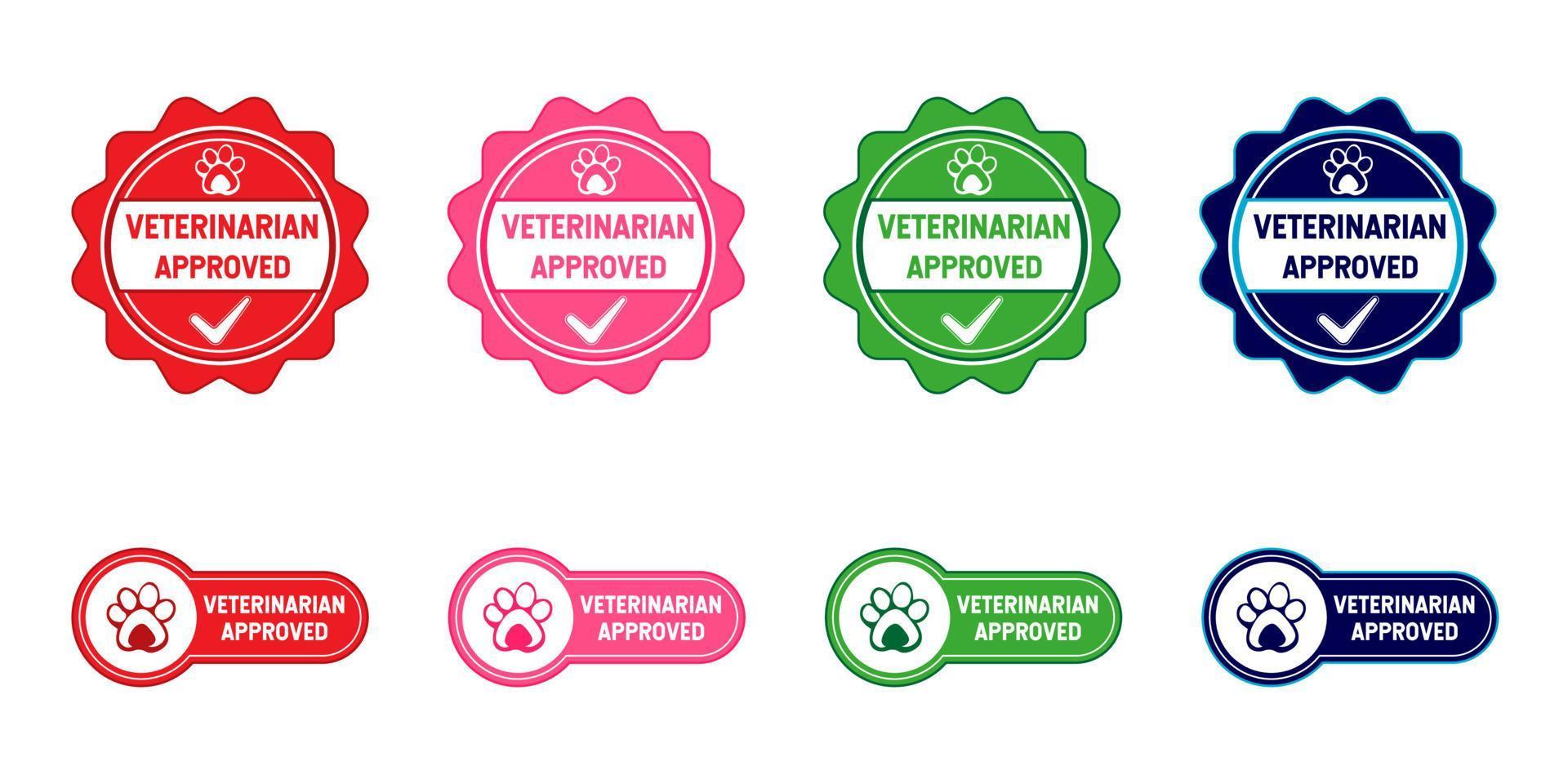 etiqueta, selo, crachá ou logotipo aprovado pelo veterinário. com a pata e o símbolo de verificação. nas cores vermelho, rosa, verde e azul. vetor de emblema premium e luxo