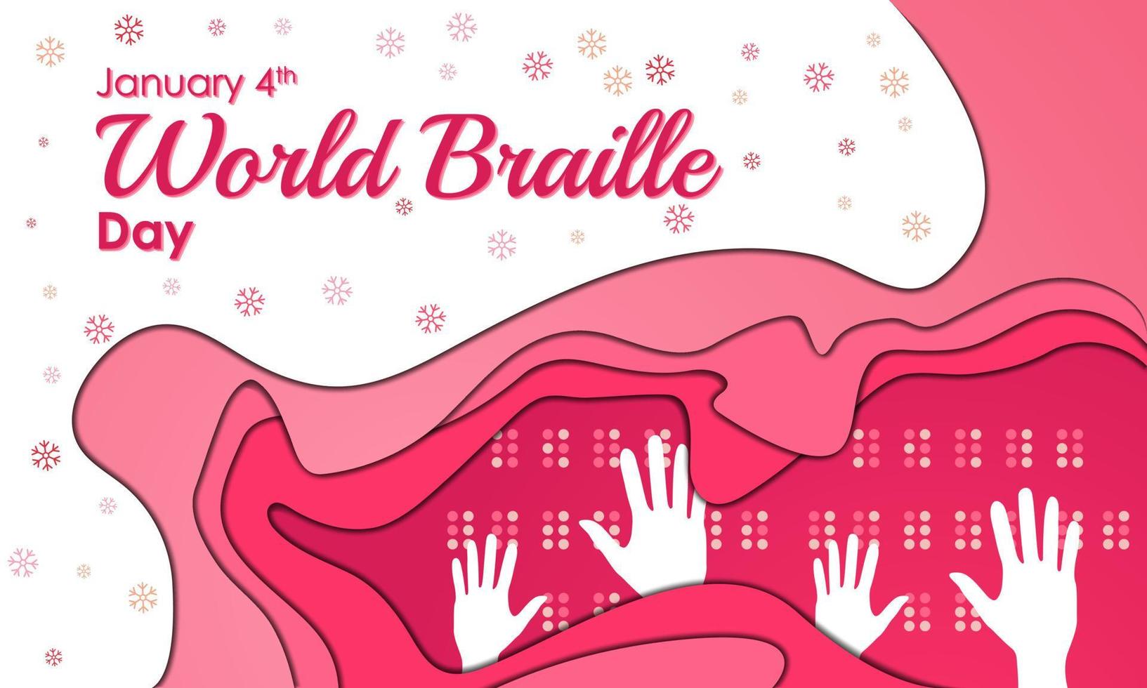 plano de fundo do dia mundial de braille. 4 de janeiro. cartão premium e de luxo, carta, pôster ou banner na cor rosa. com uma mão, um coração e um vetor de ícone de sinal de amor