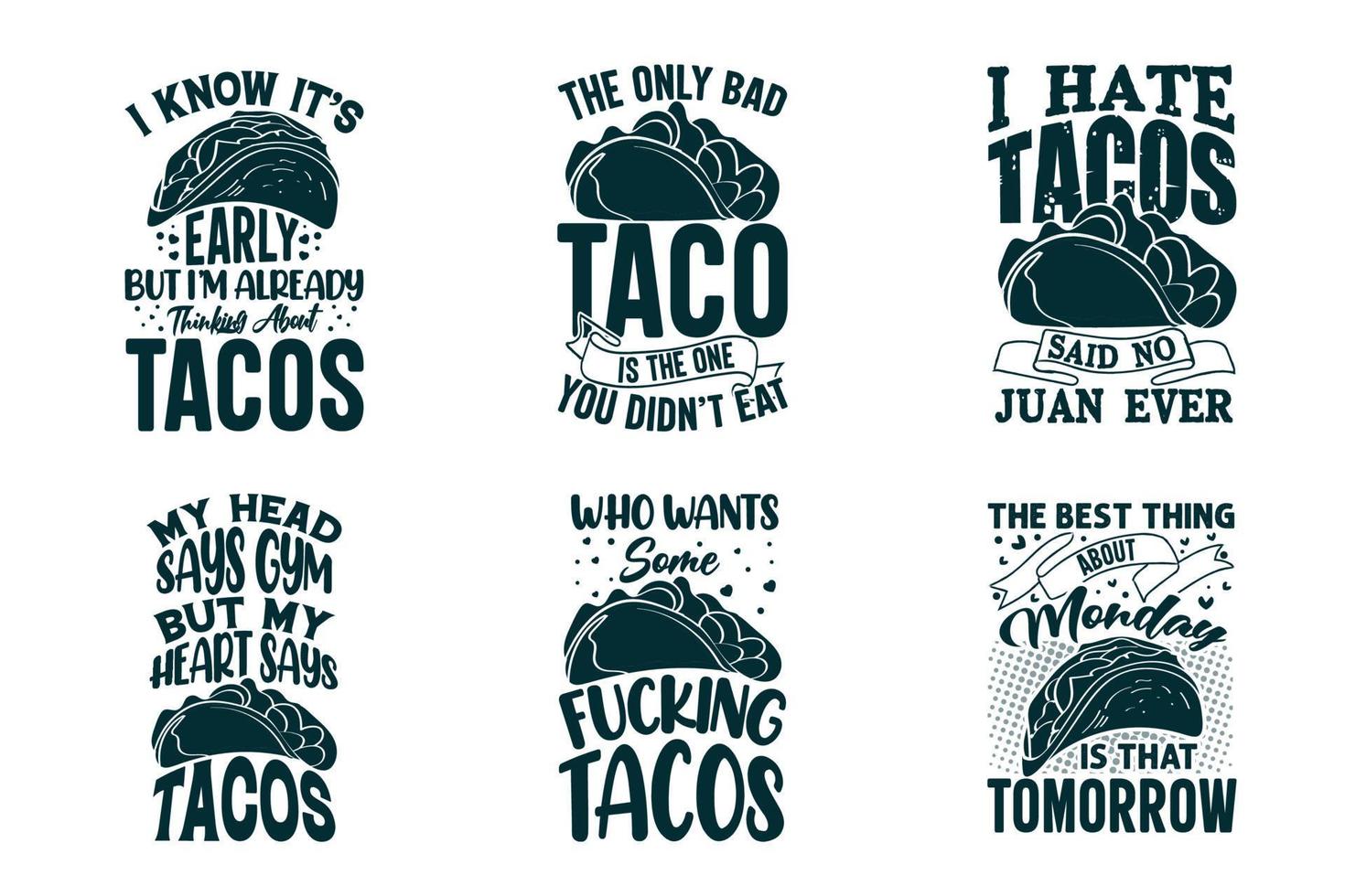 Pacote de design de citações de camisetas tacos para camisetas e produtos vetor