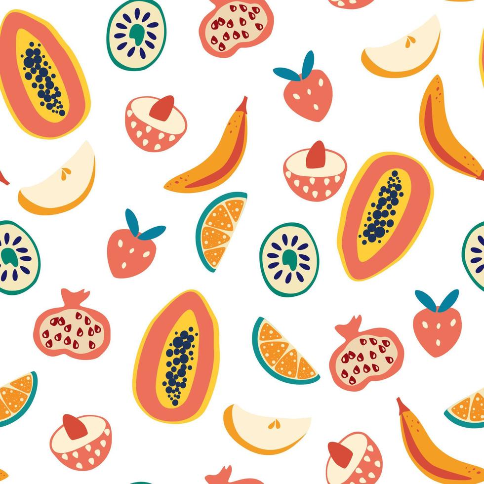 padrão sem emenda de frutas tropicais. mamão, lichia, banana, limão, kiwi, romã e morango. design exótico moderno para papel, capa, tecido, decoração de interiores e outros usuários. ilustração vetorial. vetor