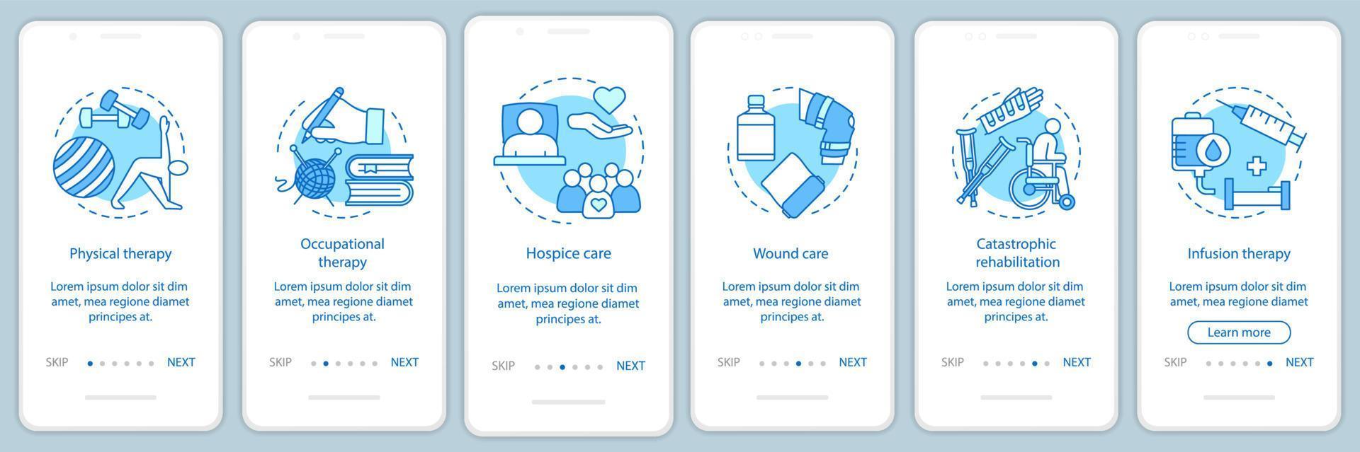 modelo de vetor de tela de página de aplicativo móvel de cuidados de enfermagem onboarding. etapas do site de explicação passo a passo do centro de reabilitação. terapia, tratamento de feridas, serviço de hospício. conceito de interface de smartphone ux, ui, gui