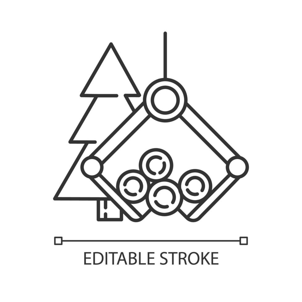 ícone linear da indústria madeireira. setor madeireiro. produção de madeira. guindaste de levantamento pesado carregando toras de abeto. ilustração de linha fina. símbolo de contorno. desenho de contorno isolado do vetor. curso editável vetor