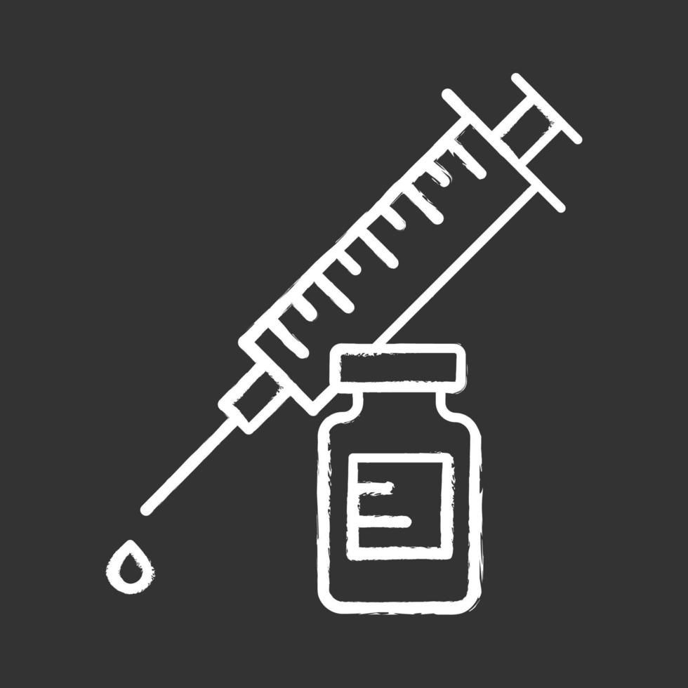 ícone de giz de vacinação. seringa com frasco. prevenção do resfriado comum. vacina de imunização. precaução contra a gripe e os vírus influenza. cuidados de saúde. medicação e farmácia. ilustração vetorial isolado quadro-negro vetor