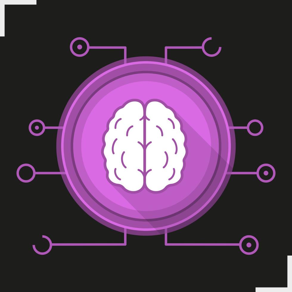 ícone de sombra longa de design plano de redes neurais. neurologia. cérebro humano. símbolo de silhueta de vetor de inteligência artificial