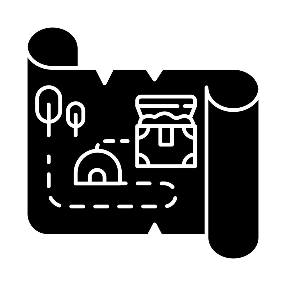ícone de glifo do mapa do tesouro. manuscrito antigo. pergaminho antigo. localização do baú do tesouro. artefatos históricos. pirata de ouro. símbolo da silhueta. espaço negativo. ilustração isolada do vetor