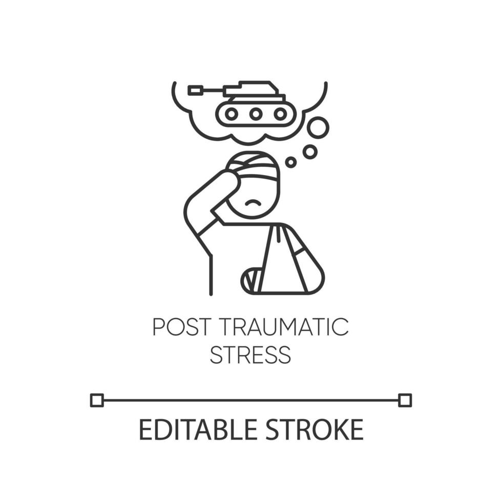 ícone linear de estresse pós-traumático. veterano com ansiedade. soldado deprimido. terapia de ptsd. distúrbio mental. ilustração de linha fina. símbolo de contorno. desenho de contorno isolado do vetor. curso editável vetor