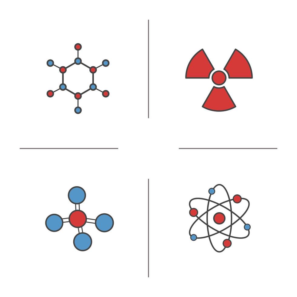 conjunto de ícones de cores de química e física. sinais de átomo, radioativo e molécula. estrutura molecular e ilustrações isoladas de vetor de radiação