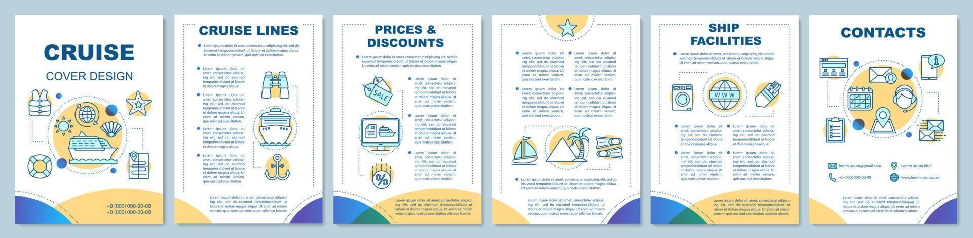 layout de modelo de brochura de ofertas de cruzeiro. agência de viagens. viagem, viagem. folheto, design de impressão de folheto com ilustrações lineares. layouts de página de vetor para revistas, relatórios anuais, pôsteres de publicidade