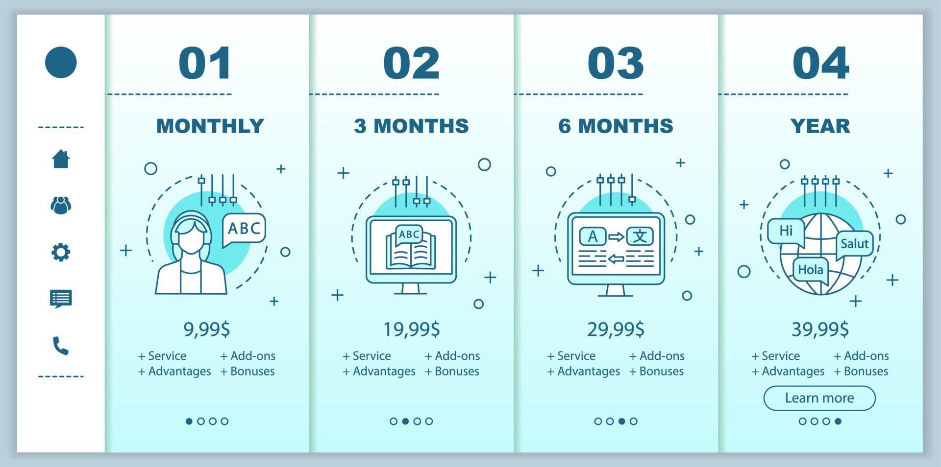 escola de aprendizagem de línguas on-line integrando telas de aplicativos móveis com preços de serviço. passo a passo modelos de páginas de site. etapas dos planos tarifários dos cursos de língua estrangeira. layout de página da web de pagamento de smartphone vetor