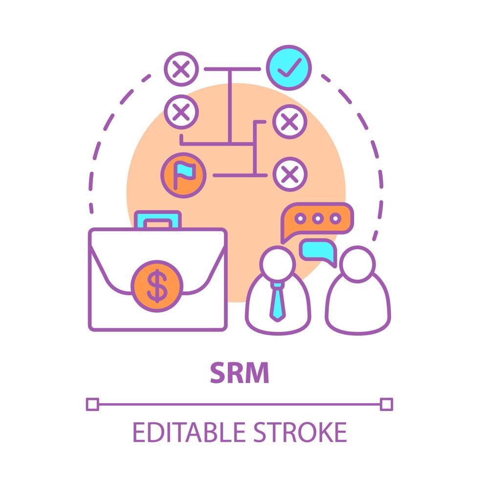 ícone do conceito srm. ilustração de linha fina de ideia de gerenciamento de relacionamento com fornecedor. planejamento e gestão. gestão da companhia. rastreamento e análise de dados. desenho de contorno isolado do vetor. curso editável vetor