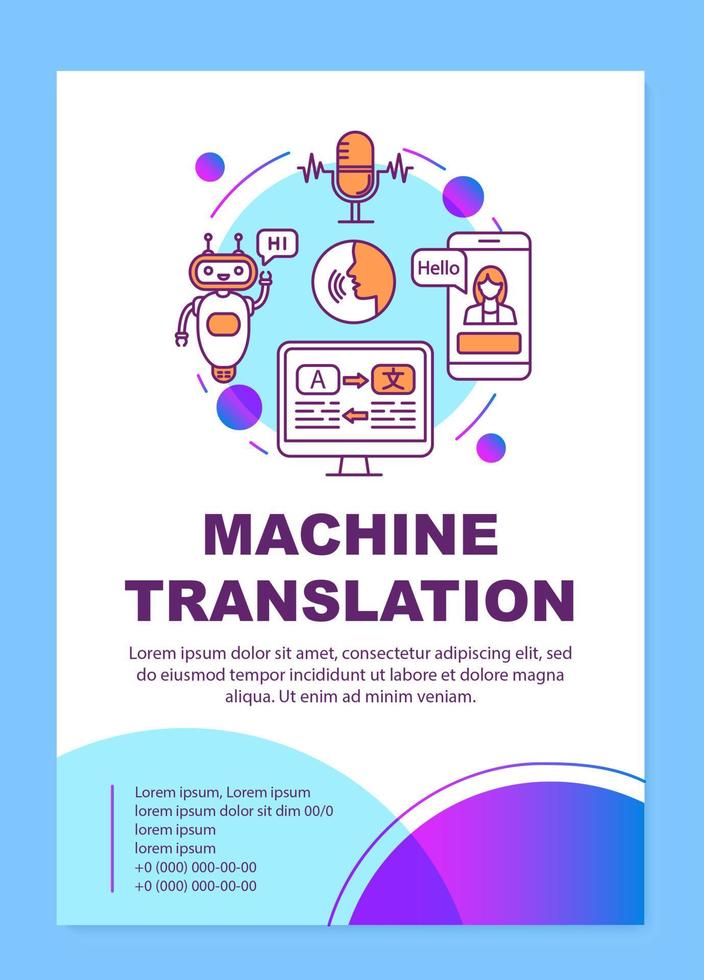 layout de modelo de brochura de tradução automática. tradutor online. folheto, livreto, design de impressão de folheto com ilustrações lineares. layouts de página de vetor para revistas, relatórios anuais, pôsteres de publicidade