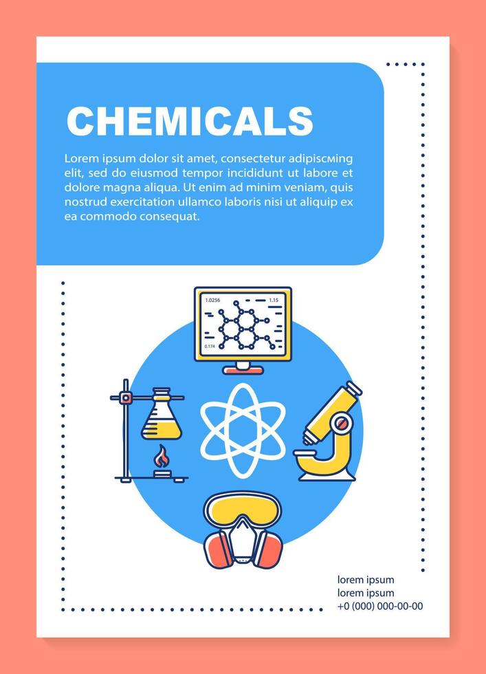 layout de modelo de cartaz da indústria química. pesquisa científica, laboratório. banner, livreto, design de impressão de folheto com ícones lineares. layouts de página de brochura de vetor para revistas, folhetos de publicidade