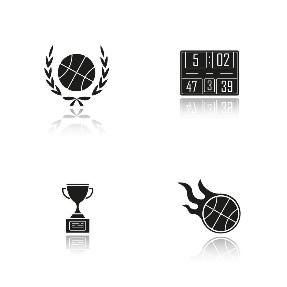 campeonato de basquete. drop shadow black icons set. bola na coroa de louros, placar, troféu de ouro do vencedor, bola em chamas. ilustrações vetoriais isoladas vetor