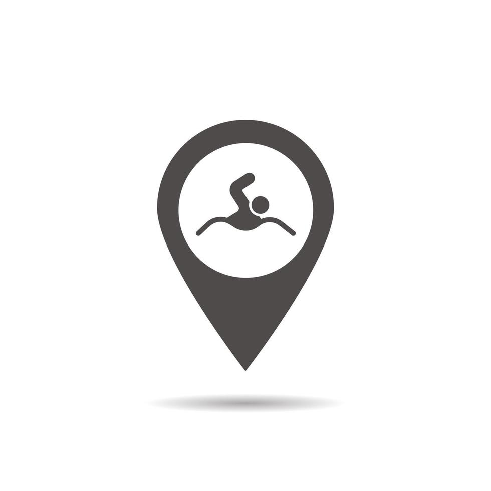 ícone de localização da piscina. soltar sombra mapa ponteiro silhueta símbolo. homem nadador apontar. praia próxima. ilustração isolada do vetor