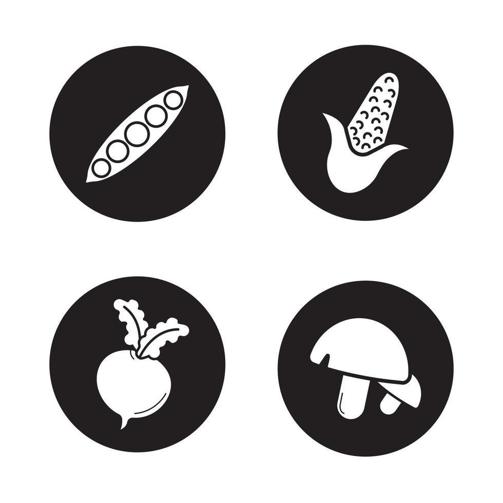 conjunto de ícones de vegetais. vagem de ervilha aberta, milho, beterraba, cogumelos. Ilustrações vetoriais de silhuetas brancas em círculos pretos vetor