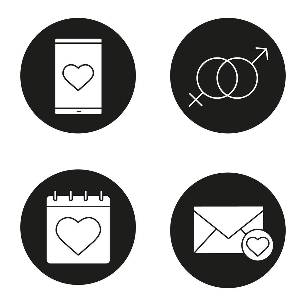 conjunto de ícones do dia dos namorados. calendário de 14 de fevereiro, aplicativo de namoro para smartphone, carta de amor, coração com símbolos de Marte e Vênus interligados. Ilustrações vetoriais de silhuetas brancas em círculos pretos vetor