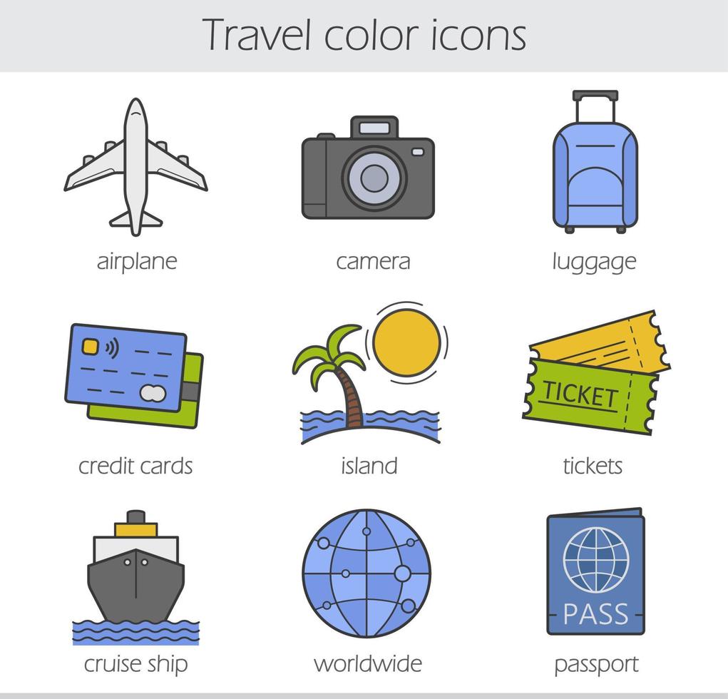 conjunto de ícones de cores de viagem. avião, câmera, bagagem, cartões de crédito, ilha, bilhetes, navio de cruzeiro, símbolos mundiais e passaporte. ilustrações isoladas de vetor