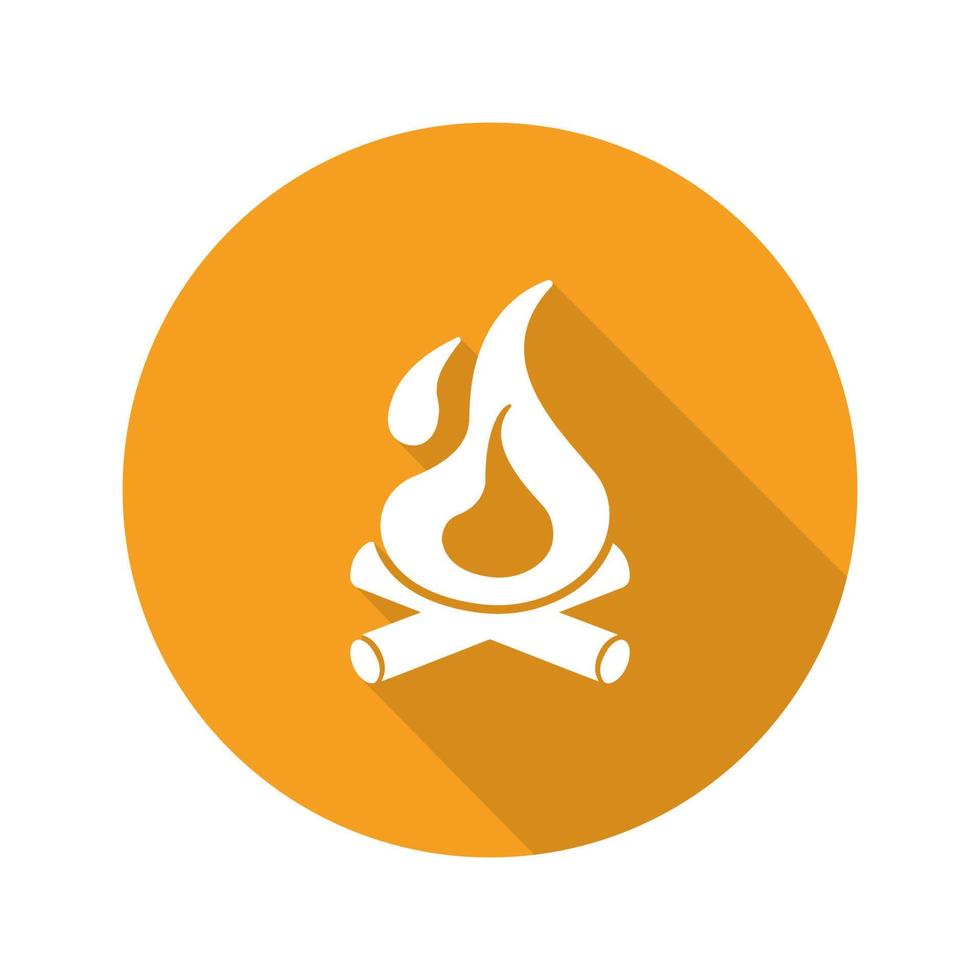 ícone de sombra longa de design plano de fogueira. fogueira com lenha. fogo ardente. símbolo da silhueta do vetor