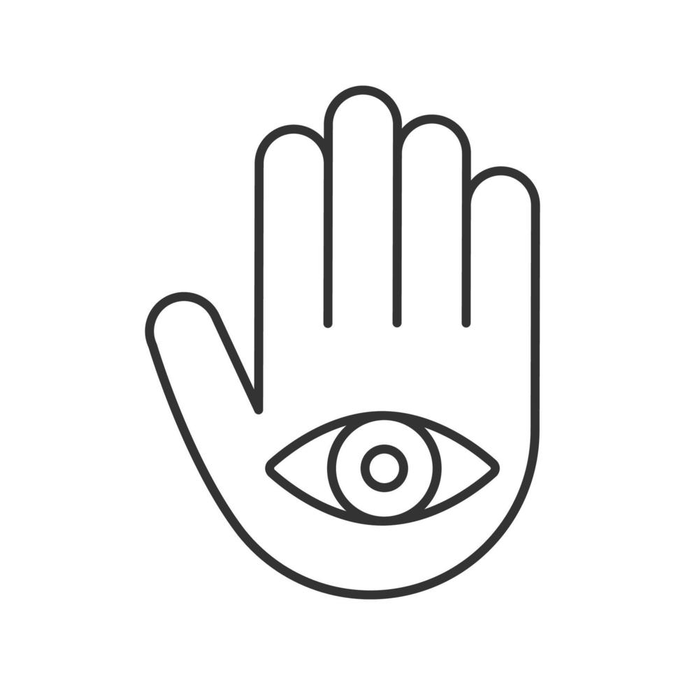 olho no ícone linear de mão. ilustração de linha fina. mão de Fátima. símbolo de contorno. desenho de contorno isolado de vetor