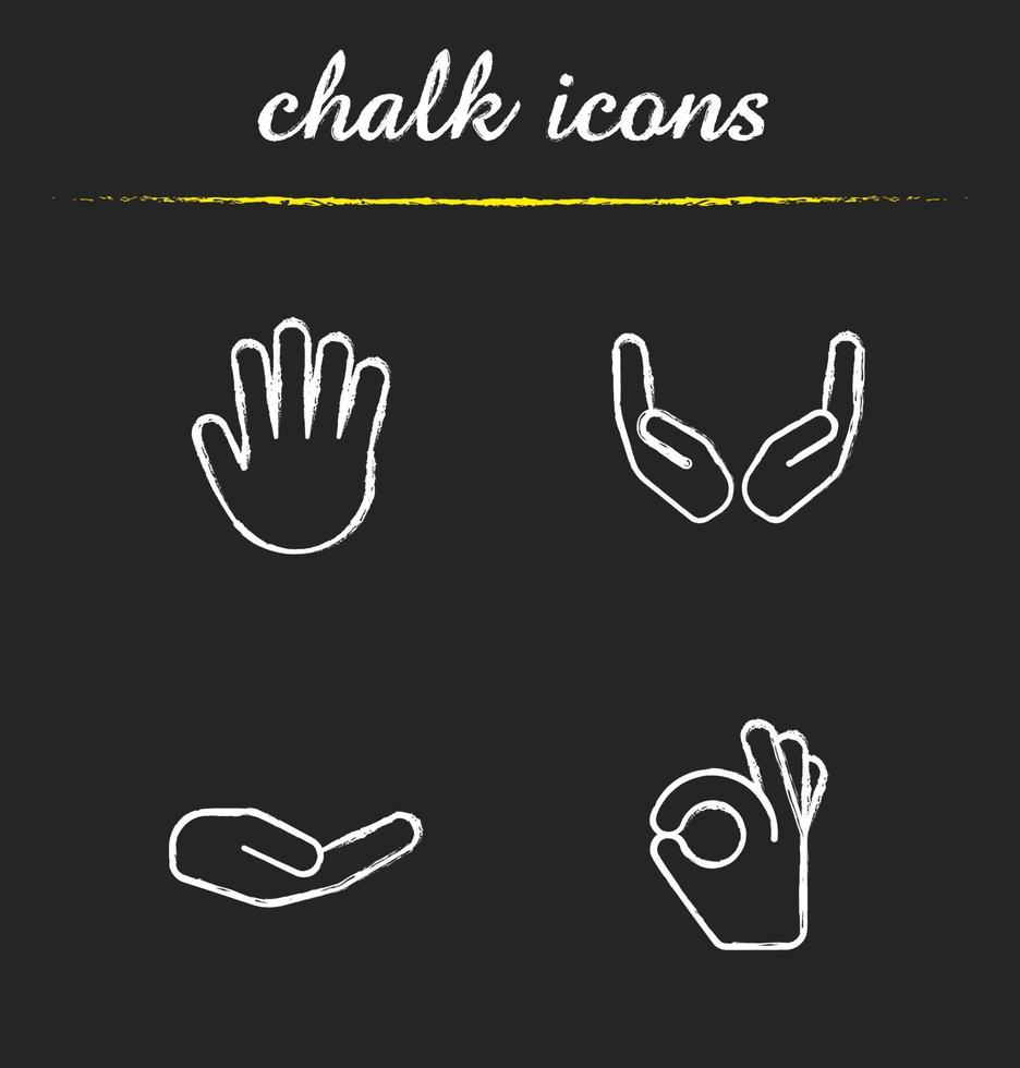 conjunto de ícones de giz de gestos com as mãos. implorando e mãos em concha, palma, gesto de ok. ilustrações vetoriais isoladas em quadro-negro vetor