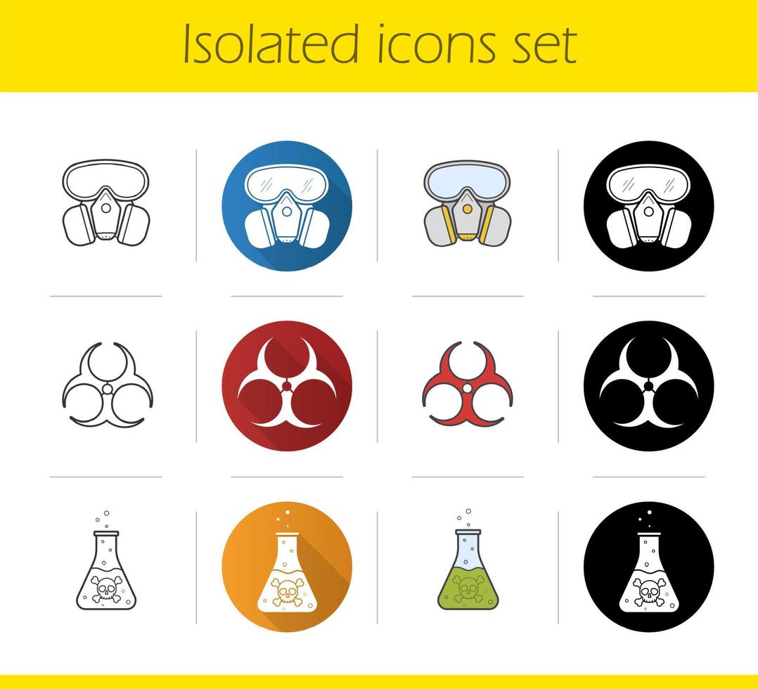 conjunto de ícones da indústria química. design plano, estilos linear, preto e colorido. máscara de gás, líquido venenoso fervente, símbolo de perigo de risco biológico. ilustrações vetoriais isoladas vetor