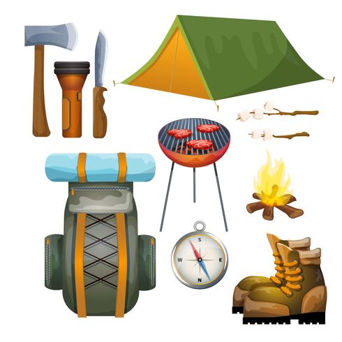 Turismo caminhadas camping coleção pictogramas plana vetor