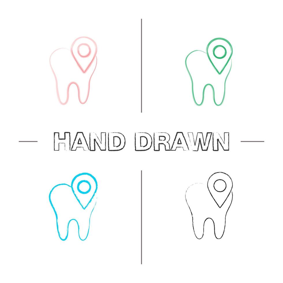 conjunto de ícones de mão desenhada de localização clínica dentária. dente com mapa pontual. pincelada de cor. ilustrações esboçadas de vetor isoladas