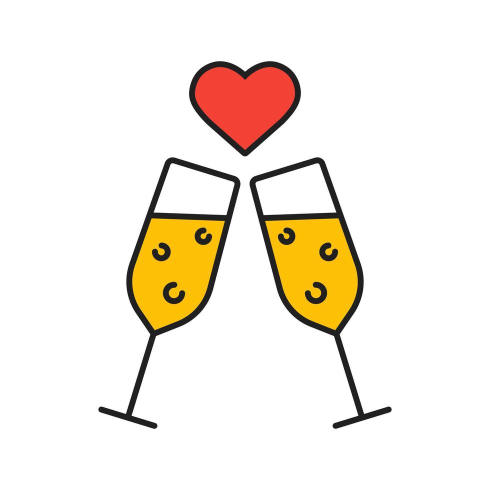 ícone de cor de encontro romântico. brindando taças de champanhe com formato de coração acima. ilustração vetorial isolada vetor